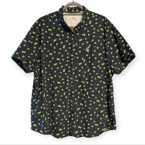 Original Penguin Men's Short Sleeve Button Up Polo Black Yellow Daisy Print